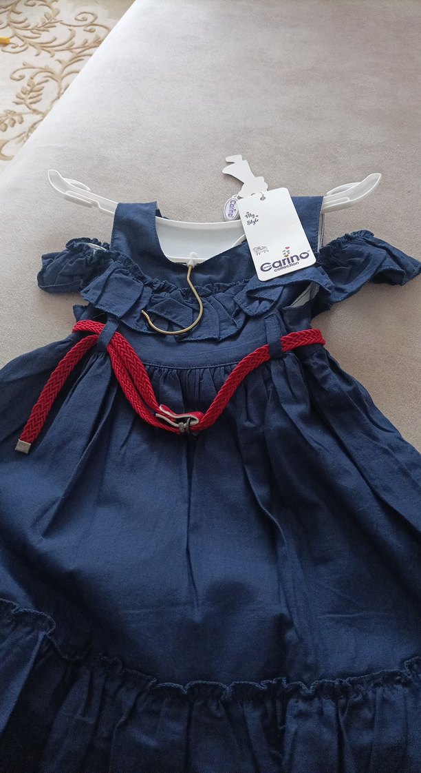 Nakışlı Lacivert Keten Kız Çocuk elbise - Görsel 2