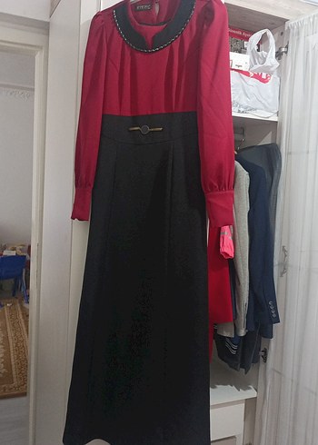 Bordo Siyah Kemerli Uzun Kollu Uzun Elbise - Görsel 2