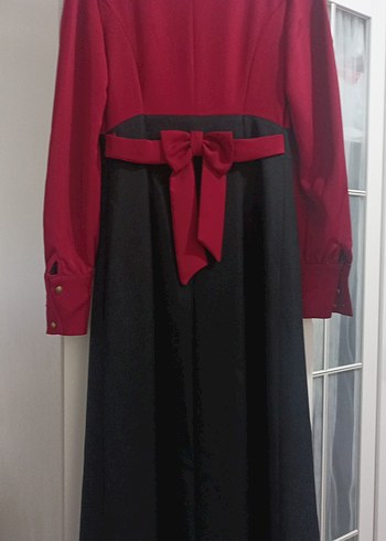 Bordo Siyah Kemerli Uzun Kollu Uzun Elbise - Görsel 3