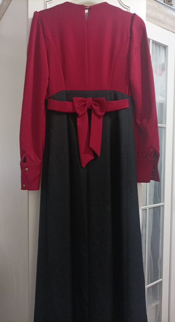 Bordo Siyah Kemerli Uzun Kollu Uzun Elbise - Görsel 3