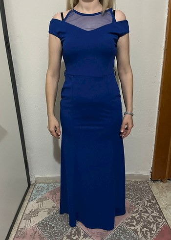 Kadın Lacivert Uzun V Yaka Abiye Elbise - Görsel 3