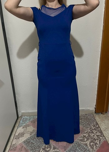 Kadın Lacivert Uzun V Yaka Abiye Elbise - Görsel 4