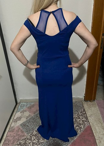 Kadın Lacivert Uzun V Yaka Abiye Elbise - Görsel 5