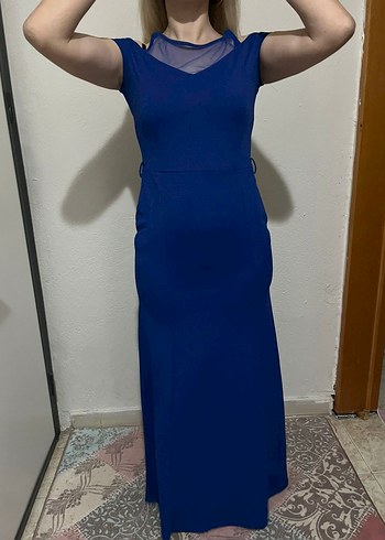 Kadın Lacivert Uzun V Yaka Abiye Elbise - Görsel 2