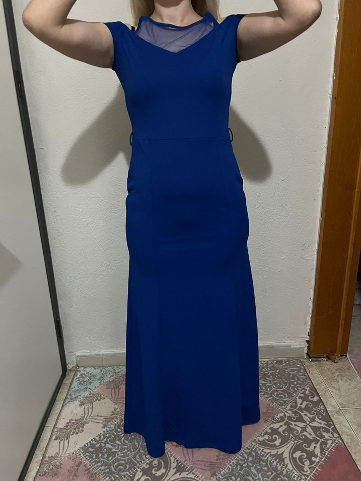 Kadın Lacivert Uzun V Yaka Abiye Elbise - Görsel 4