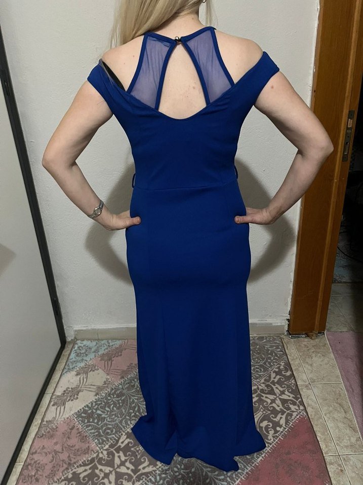 Kadın Lacivert Uzun V Yaka Abiye Elbise - Görsel 5