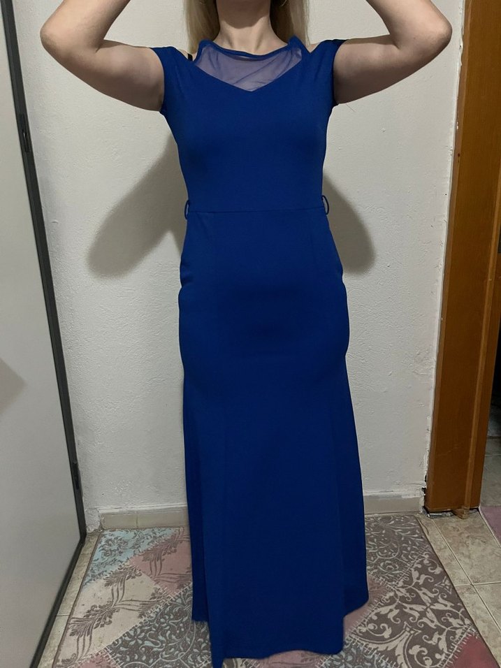 Kadın Lacivert Uzun V Yaka Abiye Elbise - Görsel 2