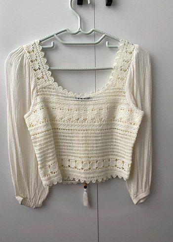 Nakışlı Beyaz Örgü Bohem Bluz - Görsel 3