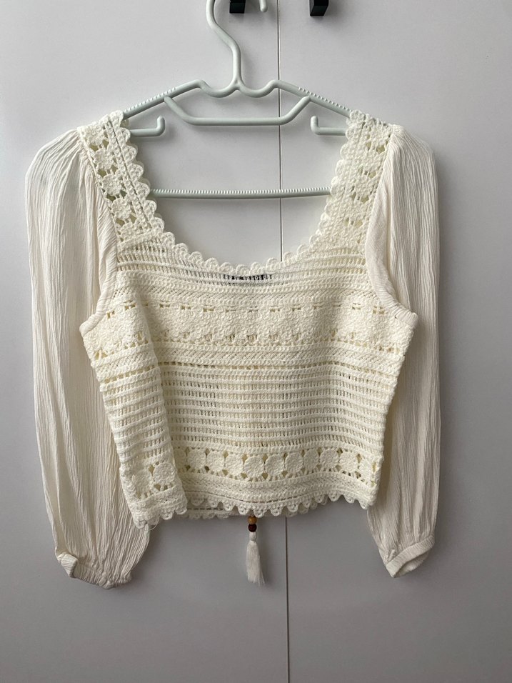Nakışlı Beyaz Örgü Bohem Bluz - Görsel 3