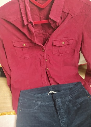 Bordo Düğmeli kadife Gömlek - Görsel 3