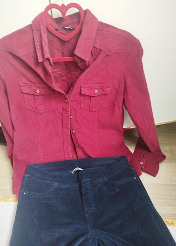 Bordo Düğmeli kadife Gömlek - Görsel 2