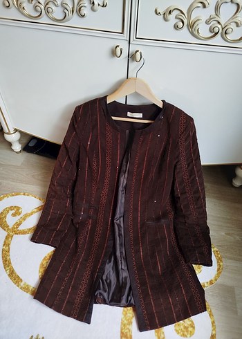 Uzun Kahverengi Nakışlı Kadın ceket - Görsel 5