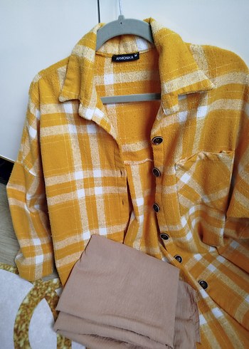 Sarı Ekoseli Uzun Kollu Kadın Gömlek - Görsel 3