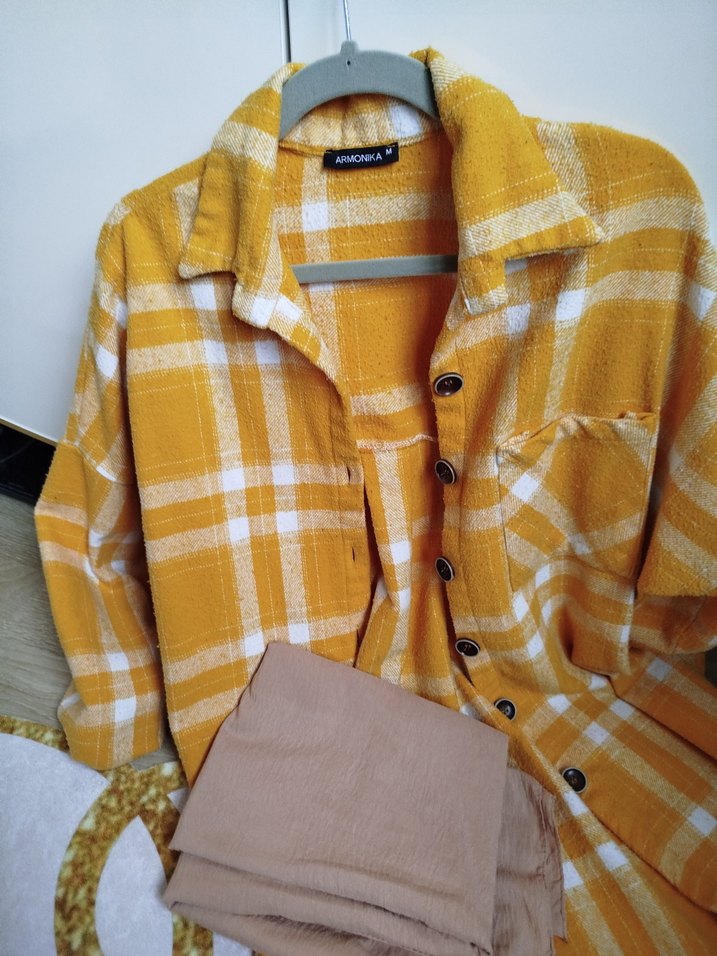 Sarı Ekoseli Uzun Kollu Kadın Gömlek - Görsel 3