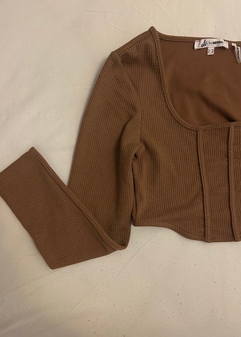 m Beden Uzun Kollu Kahverengi Crop Top