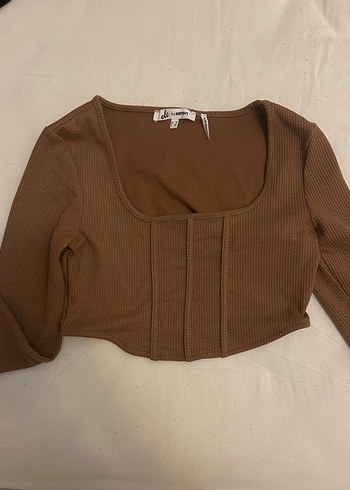 Uzun Kollu Kahverengi Crop Top