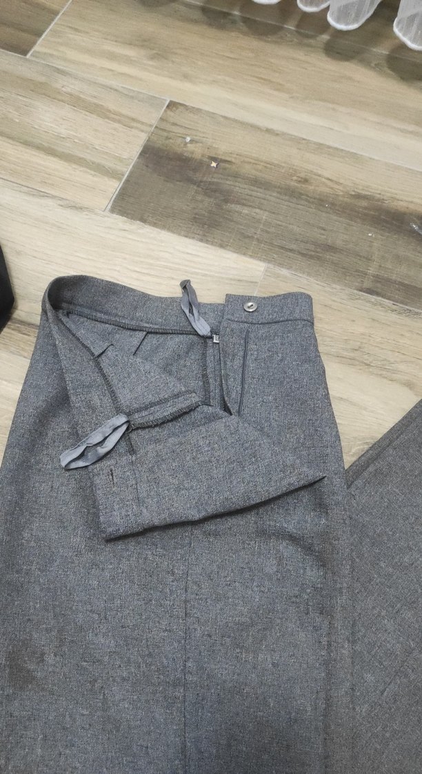 Düğmeli Gri Kadın Yün Kumaş Pantolon - Görsel 2