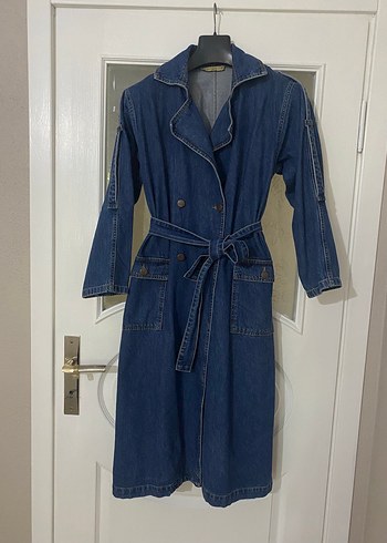 Kadın Lacivert Uzun Denim Kemerli Ceket