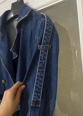 Diğer Kadın Lacivert Uzun Denim Kemerli Ceket