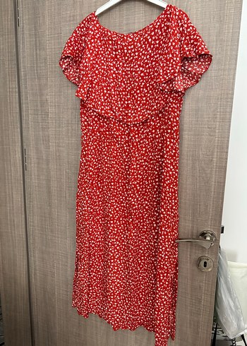 Kırmızı V Yaka Volanlı Uzun Elbise - Görsel 2