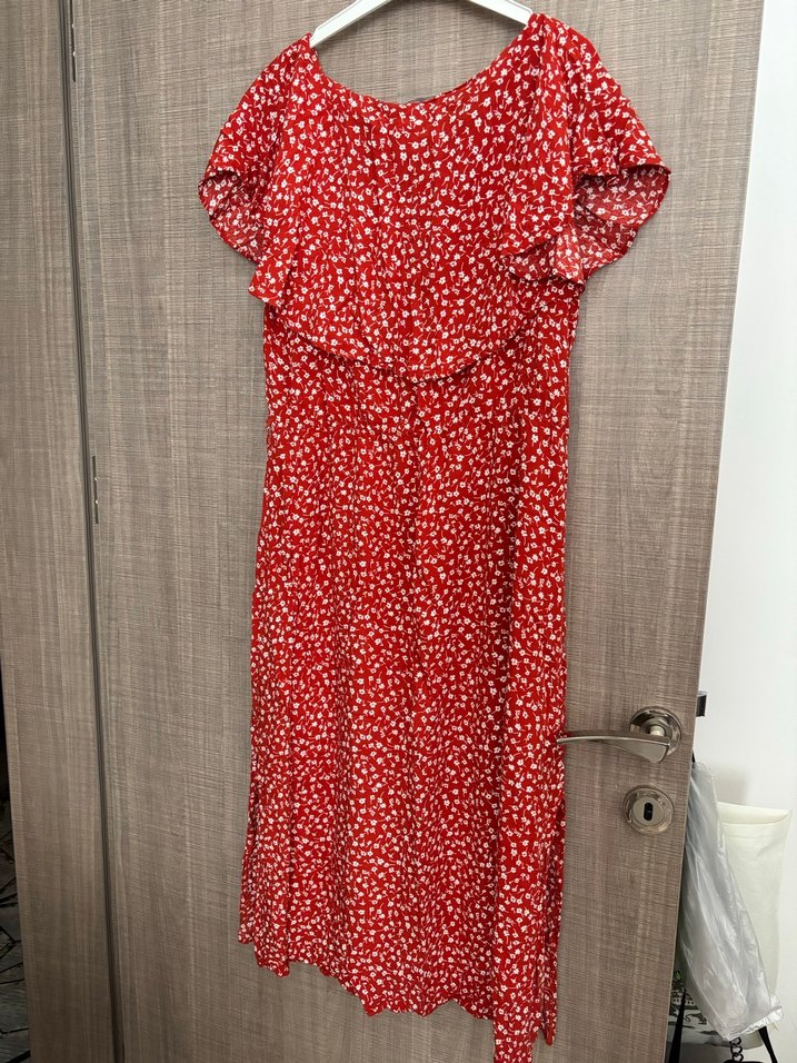 Kırmızı V Yaka Volanlı Uzun Elbise - Görsel 2