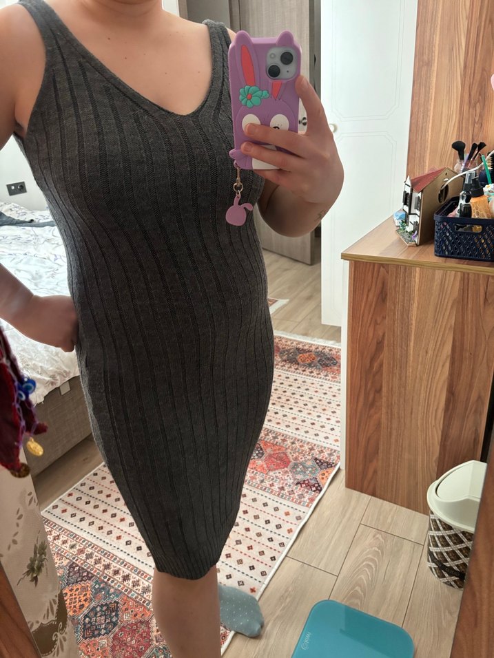 Gri Triko Midi Elbise - Görsel 2