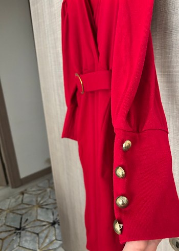 Kemerli Kırmızı Uzun Kadın Elbise - Görsel 2