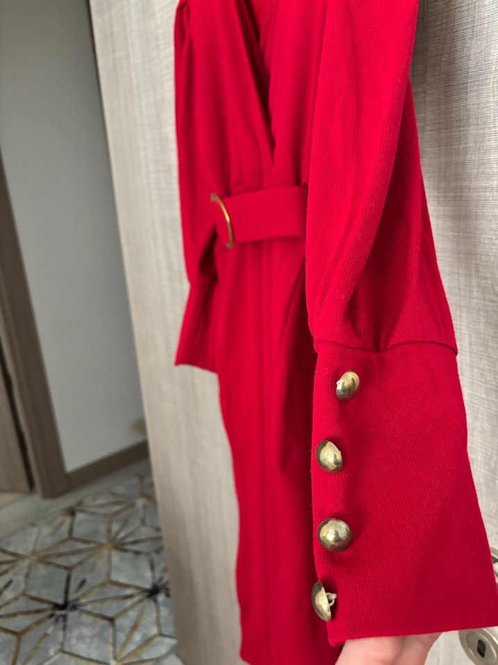 Kemerli Kırmızı Uzun Kadın Elbise - Görsel 2