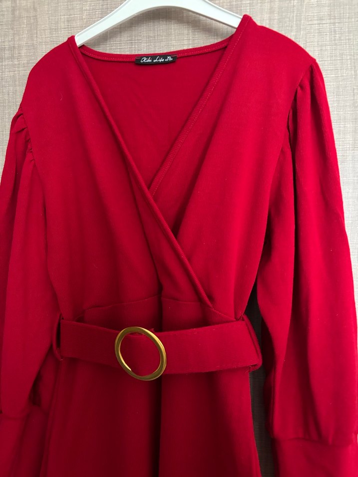 Kemerli Kırmızı Uzun Kadın Elbise - Görsel 3