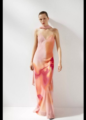 Zara Pembe V Yaka Uzun Drapeli Elbise - Görsel 2