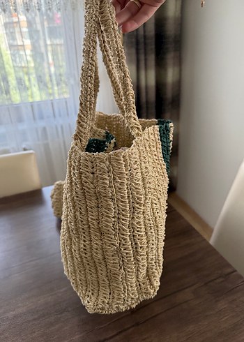 Zara Örgü Bohem Kadın hasır Çanta Yeşil Çizgili