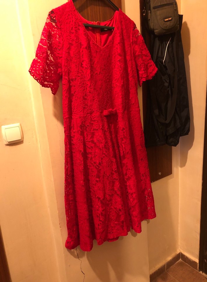 Kırmızı Dantel Midi Bohem Elbise - Görsel 2