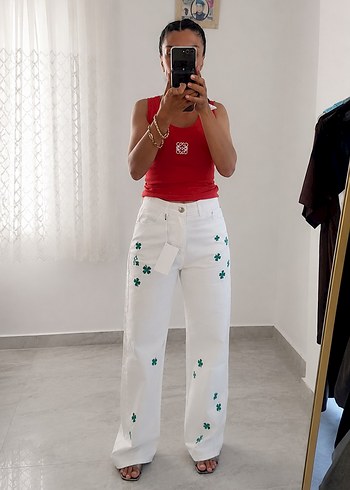 Dior Beyaz Yuksek Bel Cicekli Bol Paca Jean