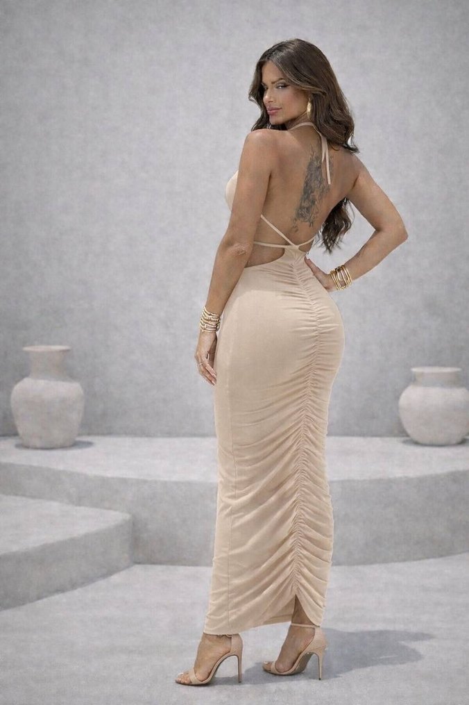 Bej Drapeli V Yaka Uzun İp Askılı Elbise - Görsel 2