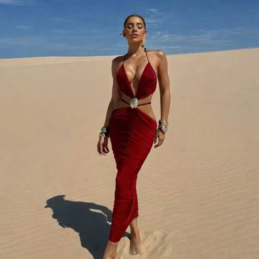 Bordo Drapeli V Yaka Uzun Saten Abiye Elbise - Görsel 2