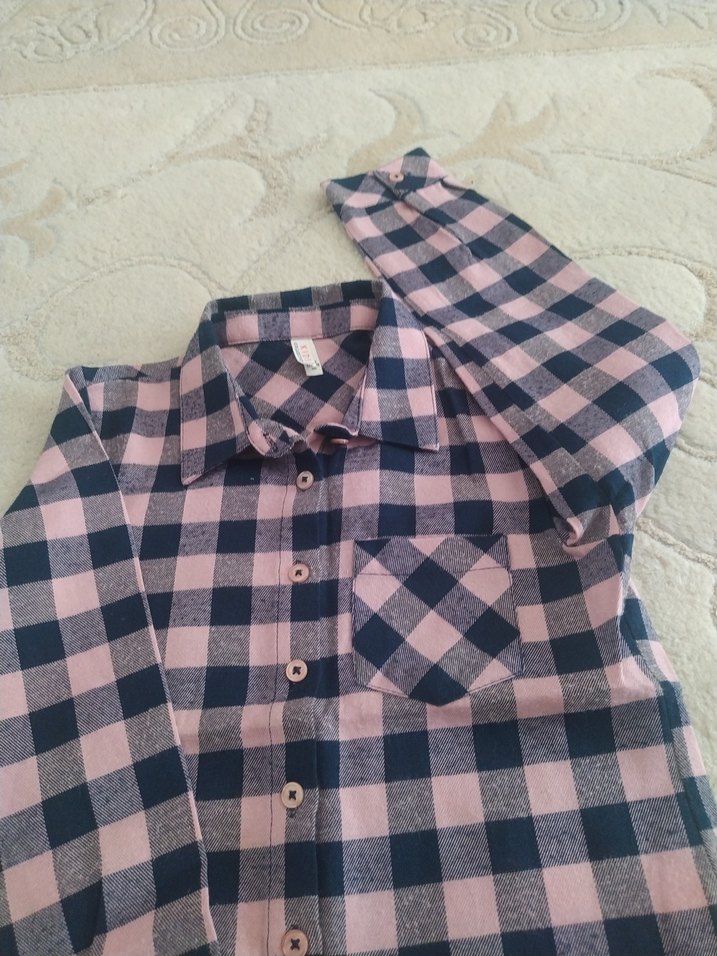 Düğmeli Pembe Kareli Pamuklu kız çocuk Gömlek - Görsel 2