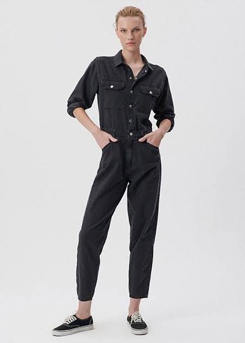 Kadın Siyah Denim Tulum, Uzun Kollu, Midi Boy - Görsel 3