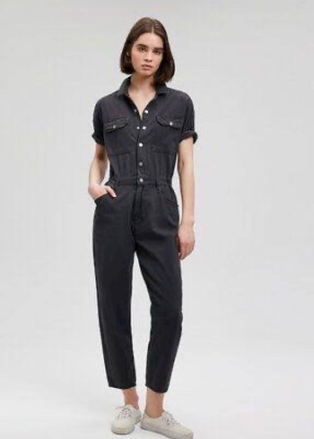 Kadın Siyah Denim Tulum, Uzun Kollu, Midi Boy - Görsel 8