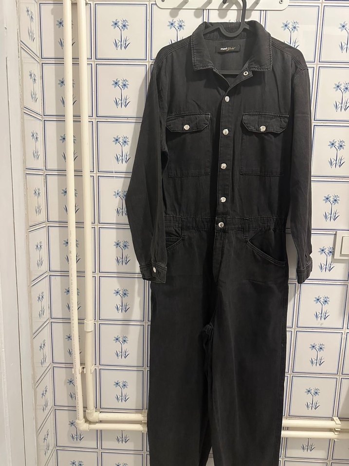 Kadın Siyah Denim Tulum, Uzun Kollu, Midi Boy - Görsel 5