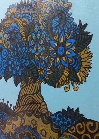 el yaptığım koyu Mavi ve Altın Detaylı Soyut Ağaç Tablosu - Görsel 3