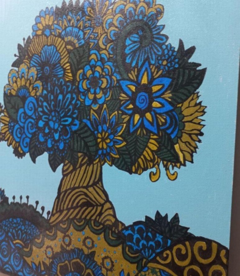 el yaptığım koyu Mavi ve Altın Detaylı Soyut Ağaç Tablosu - Görsel 3