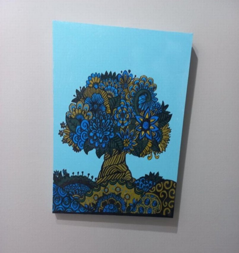 el yaptığım koyu Mavi ve Altın Detaylı Soyut Ağaç Tablosu - Görsel 2