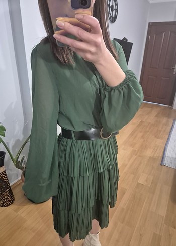 Kadın Haki Piliseli Mini Elbise - Görsel 5