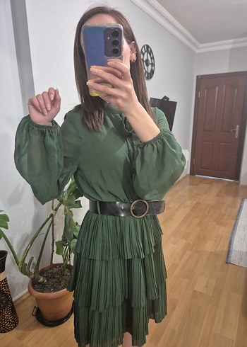 Kadın Haki Piliseli Mini Elbise - Görsel 4