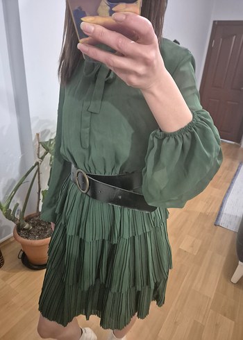 Kadın Haki Piliseli Mini Elbise - Görsel 3