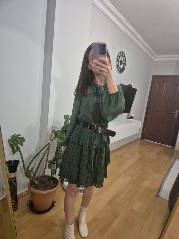 Kadın Haki Piliseli Mini Elbise - Görsel 2