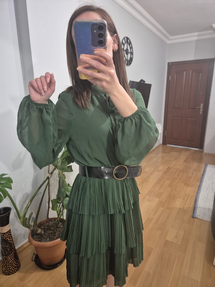 Kadın Haki Piliseli Mini Elbise - Görsel 4