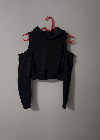 Siyah Omuz Açık Kemerli Kadın Sweatshirt