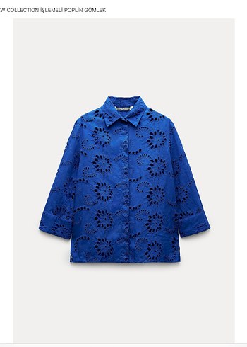 ZARA FİSTO İşlemeli Mavi Kısa Poplin Gömlek