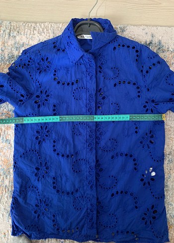 xs Beden lacivert Renk ZARA FİSTO İşlemeli Mavi Kısa Poplin Gömlek